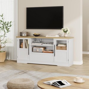 62.5in Wide Retro Farmhouse TV Stand for 75in TVs, Mid-Century Modern Media Console with 2 Glass Cabinets & Open Shelves, Wood+White Top - 1 of 4