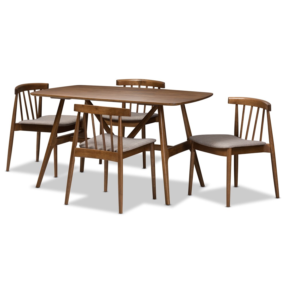 Photos - Dining Table 5pc Wyatt Midcentury Modern Walnut Wood Dining Set Beige/Brown - Baxton St