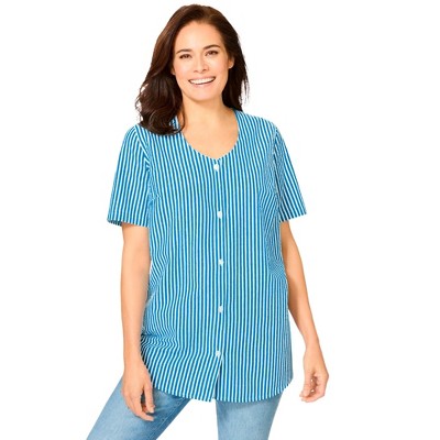 Woman Within Plus Size Seersucker Baseball Shirt