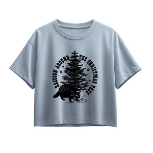 Girls' - Instant Message - Raccoon Around The Christmas Tree Short Sleeve Boxy Graphic T-Shirt - 1 of 3