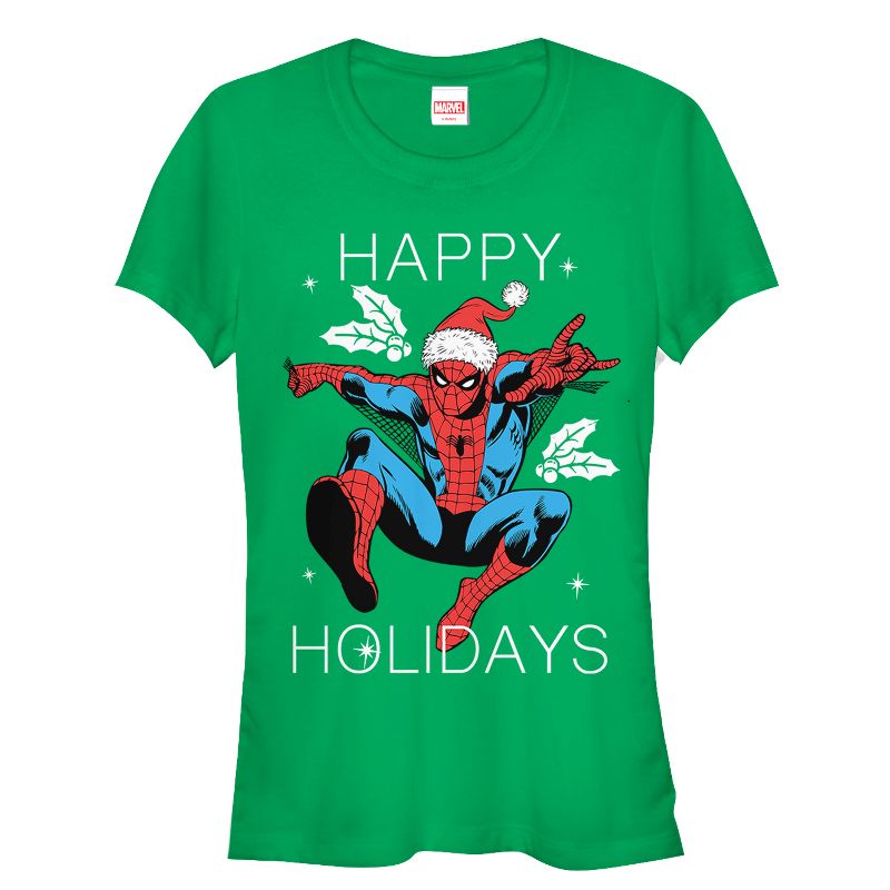 Juniors Womens Marvel Christmas Holly Spider-Man T-Shirt, 1 of 4