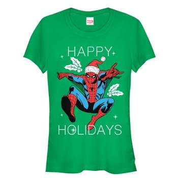 Juniors Womens Marvel Christmas Holly Spider-Man T-Shirt
