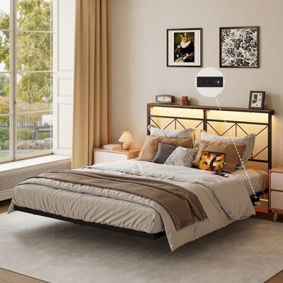 Hausource Floating Bed Frame with LED, Storage Headboard, Charging Station, No Box Spring Needed