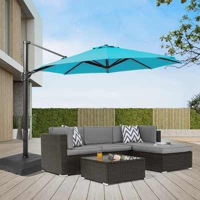 Sonkuki 11FT Outdoor Cantilever Patio Umbrella w/Base and Aluminium Pole, 360° Rotation and Infinite Canopy Angle Adjustment