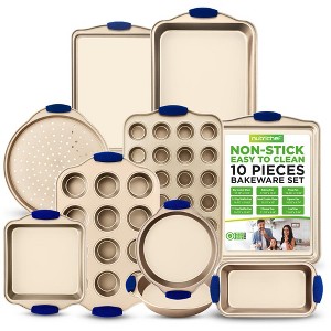 NutriChef 10-Piece Nonstick Bakeware Set with Blue Silicone Handles - Gold Coating - 1 of 4