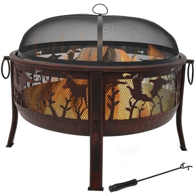 Sunnydaze Outdoor Camping or Backyard Steel Pheasant Hunting Fire Pit with Spark Screen, Cover, Metal Wood Grate, and Log Poker - 30"