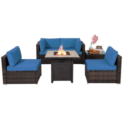 Tangkula 6 PCS Patio Wicker Furniture Set With 30" Gas Fire Pit Table 50,000 BTU Black/Red/Turquoise/Navy/White  Cushions