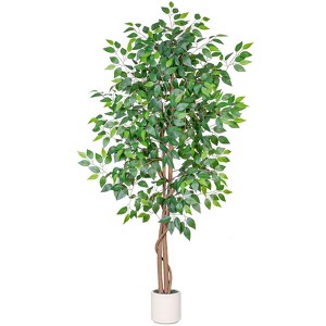 Hykolity Artificial Ficus Tree, 5FT 6FT with White Planter, Realistic Leaves, Natural Wood Trunk, Faux Greenry Plant, Indoor Home Office Decor, 2-Pack - 1 of 4