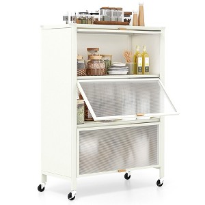 Tangkula 4-Tier Kitchen Bakers Rack Microwave Stand w/ Flip Doors Universal Wheels White - 1 of 4