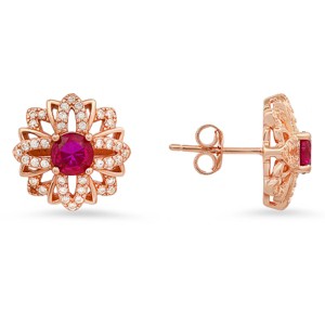Queen Jewels 14k Rose Gold Over Silver Ruby CZ Floral Stud Earrings - 1 of 2