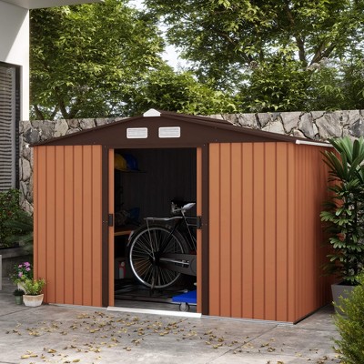 Brown Metal Outdoor Storage Shed with Windows and Kit