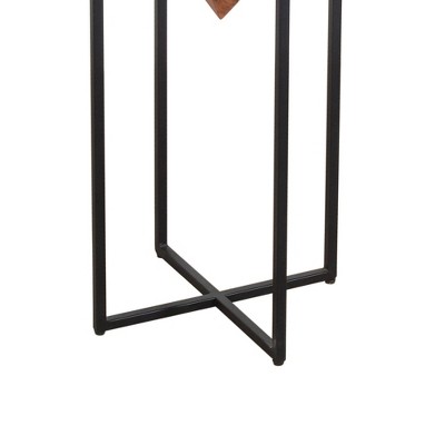 30-Inch Brown Acacia Wood Side Table with Black Metal Cross Base