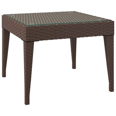 vidaXL Side Table, Brown, 19.7"x19.7"x15", Poly Rattan and Tempered Glass