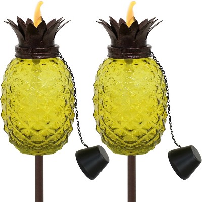 Sunnydaze Outdoor Adjustable Height 3-in-1 Glass Tropical Pineapple Torches with Connected Snuffs and Metal Poles - Yellow - 2pk