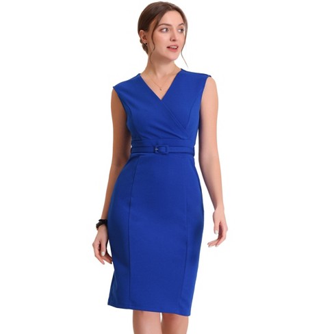 Allegra K Women's Sleeveless V Neck Business Office Belt Pencil Dresses ...