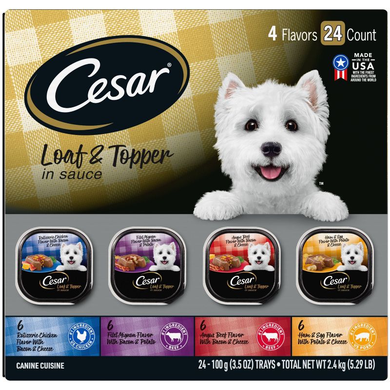 Cesar Loaf &#38; Topper in Sauce Rotisserie Chicken, Filet Mignon, Angus Beef, and Ham &#38; Egg Adult Wet Dog Food - 3.5oz/24ct, 1 of 12