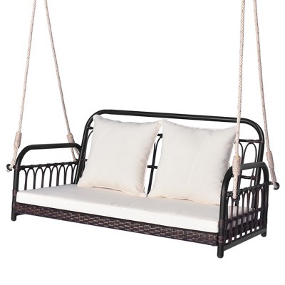 Tangkula Wicker Porch Swing 2-Person Outdoor Patio Hanging Chair w/ Cushions Mix Brown