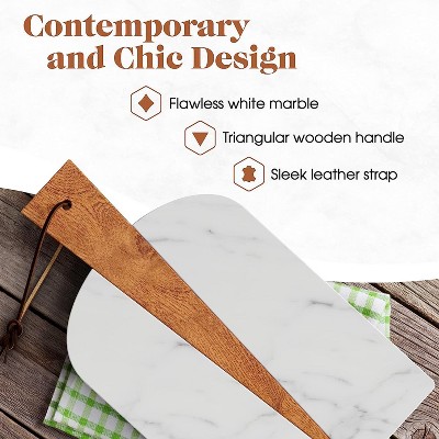 White Marble and Wood Paddle Cutting Board with Leather Strap