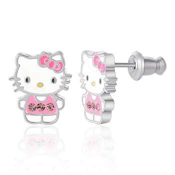 Sanrio Hello Kitty Brass Silver Plated Light Pink Crystal Enamel Hello Kitty Stud Earrings, Officially Licensed Authentic