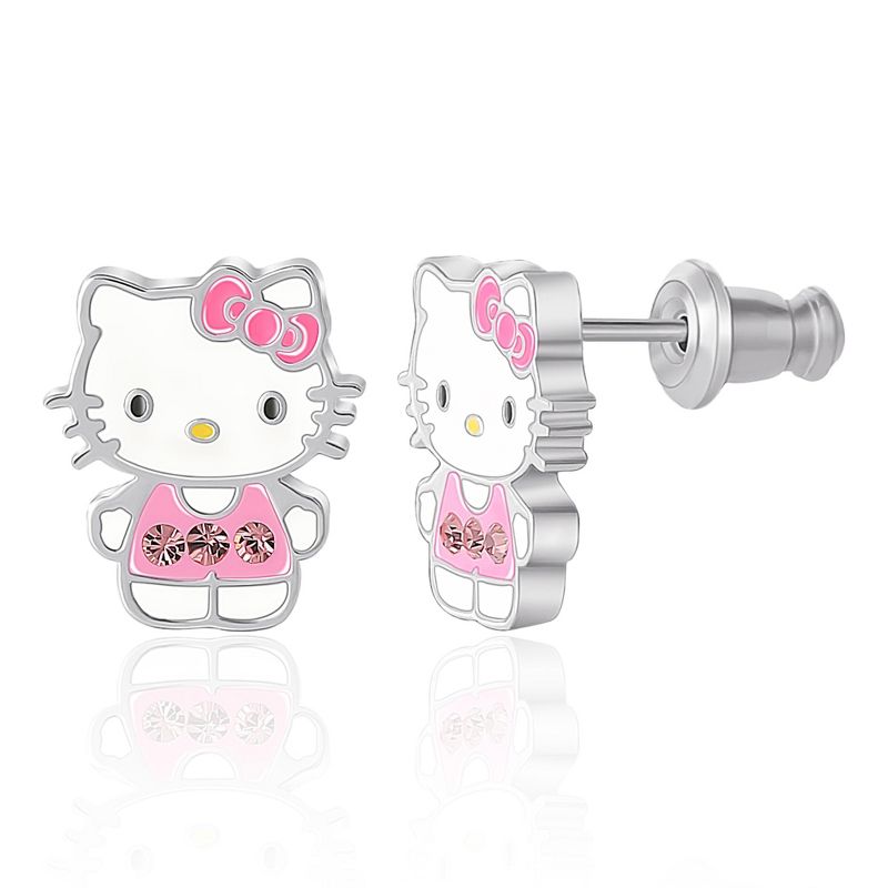Sanrio Hello Kitty Brass Silver Plated Light Pink Crystal Enamel Hello Kitty Stud Earrings, Officially Licensed Authentic, 1 of 5