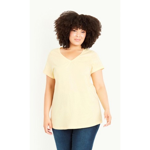 EVANS | Women's Plus Size Gathered V Neck Cotton Top - yellow - 14W