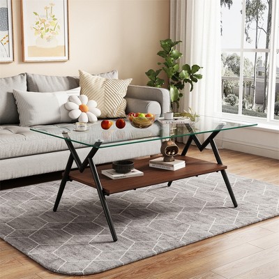 Tempered Glass Rectangular Coffee Table With Tempered Glass Top And Metal Legs, Modern Living Room Table