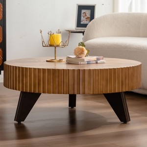 Okak Carved Wood Round Coffee Table, 31.5" Dia Modern Geometric Design with Black Metal Legs for Living Room & Office, 14"H - 1 of 4