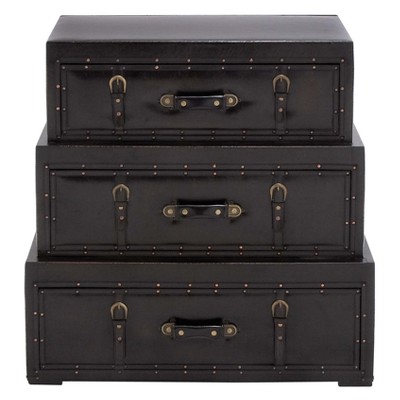 Wood Faux Leather 3 Trunk Cabinet Black - Olivia & May