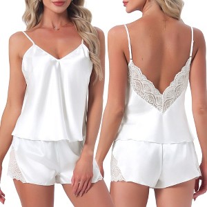 INSPIRE CHIC 2 Pcs Women's Satin Pajamas Silky Soft V-Neck Lace Trim Lingerie Camisole Tops with Shorts Loungewear Set - 1 of 4
