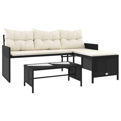 vidaXL Patio Sofa Set - L-Shaped Black Poly Rattan, Powder-Coated Steel Frame with Cream Cushions, Tempered Glass Coffee Table for Garden/Deck