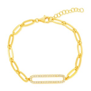 Bella Silver Sterling Silver, CZ Paperclip Link Bracelet - Gold Plated - Gold - 7+1 Inch - 1 of 3