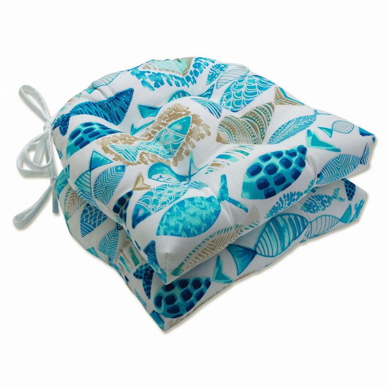 Set of 2 Outdoor/Indoor Deluxe Tufted Chair Pads Hooked Seaside Blue - Pillow Perfect, 1 of 7