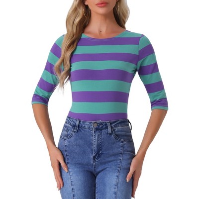 INSPIRE CHIC Women's Stripes Casual Basic Elbow Sleeves Boat Neck Slim Fit T-Shirts