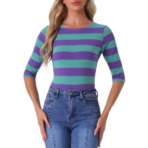 INSPIRE CHIC Women's Stripes Casual Basic Elbow Sleeves Boat Neck Slim Fit T-Shirts - 1 of 4