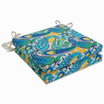 Set of 2 Outdoor/Indoor Squared Corners Seat Cushions Amalia Paisley Blue - Pillow Perfect