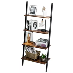Costway Industrial Ladder Shelf 4-Tier Leaning Wall Bookcase Plant Stand Rustic Brown