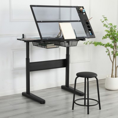 Runesay Adjustable Black Drafting Table Drawing Desk with 2 Metal Drawers and Stool