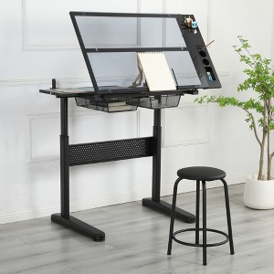 Runesay Adjustable Black Drafting Table Drawing Desk with 2 Metal Drawers and Stool - 1 of 4