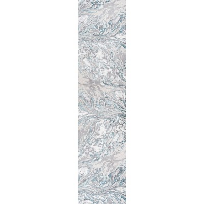 Gray and Turquoise Abstract Washable Synthetic Runner Rug 2' x 10'