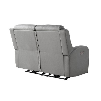 Gray Faux Leather Channel Tufted Reclining Loveseat with Acacia Wood