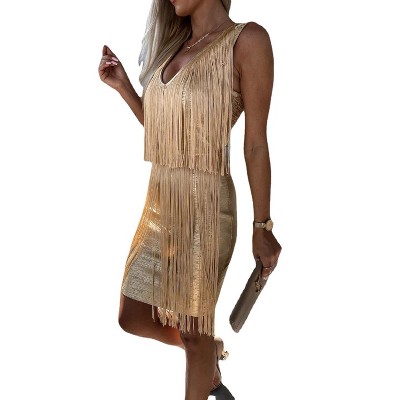 Women's Bodycon Party Dress V-Neck Fringe Mini Dress Sexy Clubwear & Cocktail Dress Tight Fit