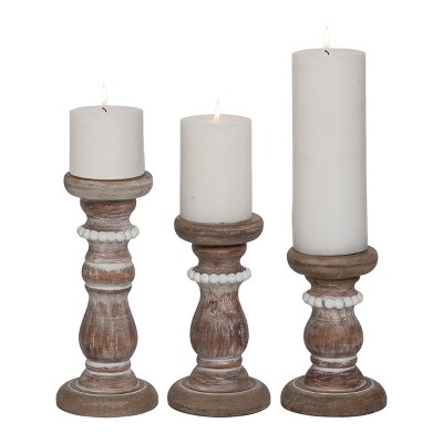 VIP Wood 9.5 in. White Beaded Pillar Candle Holder Set of 3
