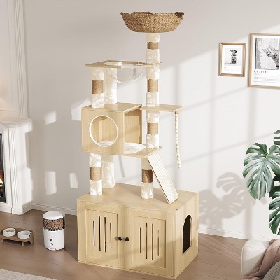 67" Tall Cat Tree Tower with Litter Box Enclosure, Rattan Nest & Condo, Modern Wood Design