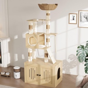 67" Tall Cat Tree Tower with Litter Box Enclosure, Rattan Nest & Condo, Modern Wood Design - 1 of 4
