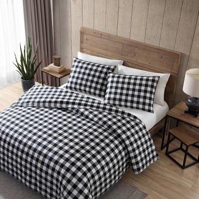 Twin Black and White Cotton Plaid Duvet Cover Set