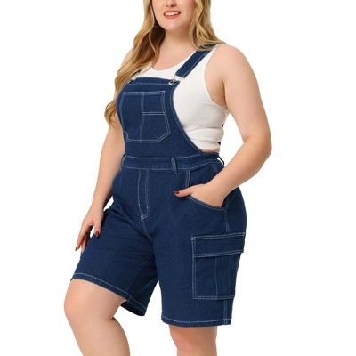 Women's Plus Size Denim Overalls Cross Back Cargo Pocket Adjustable Strap Jeans Shortalls - Agnes Orinda