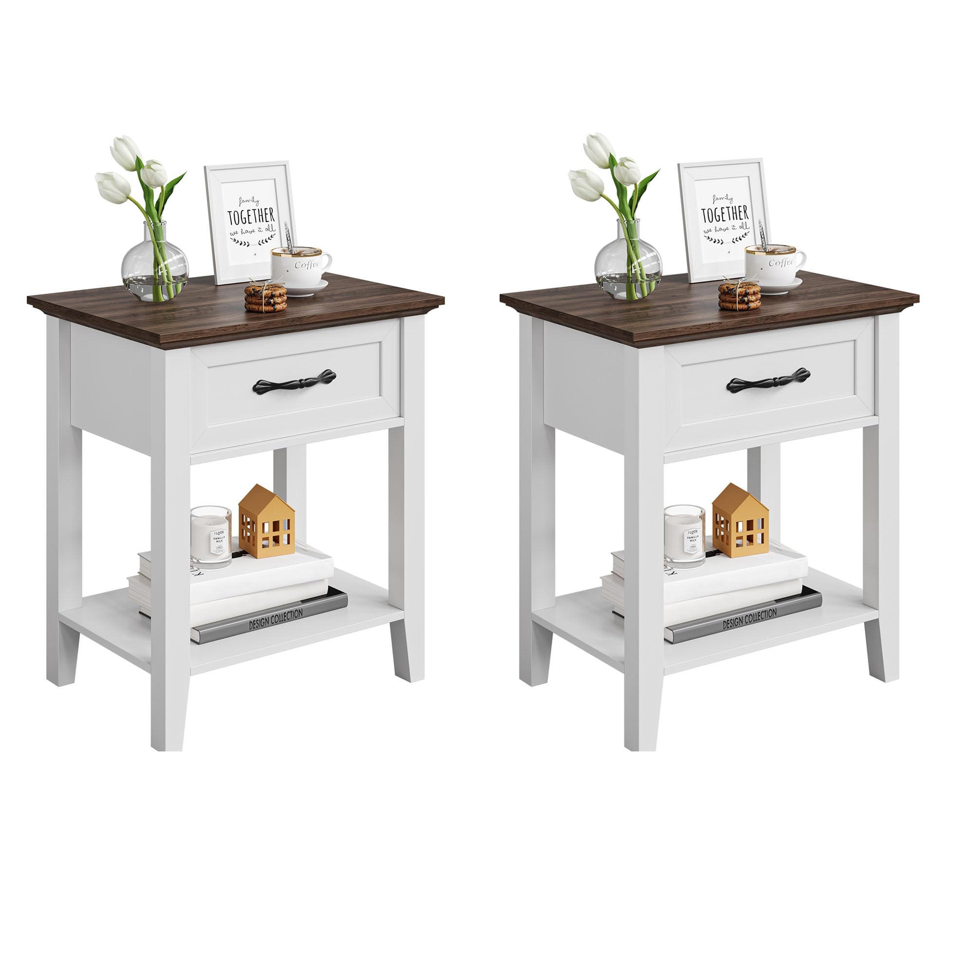 Nightstands Set of 2, End Table with Drawer, Side Table for Spaces, 2 Tiers Storage Shelves with Dresser, Bedside Table (2pcs-White)