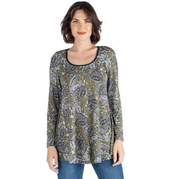 24seven Comfort Apparel Army Green Paisley Long Sleeve Tunic Top