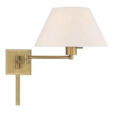Antique Brass Swing Arm Wall Lamp with Oatmeal Fabric Shade