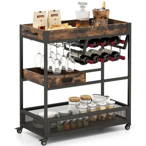 2-Tier Mobile Bar Cart with Wine Racks and Glasses Holders&Wheels for  Kitchen